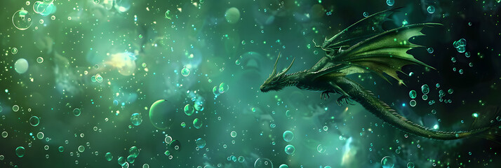a dragon flys through the air in front of a background of green and blue bubbles and bubbles of...