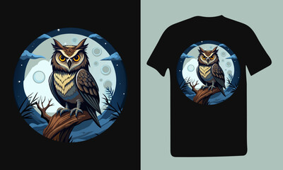 Creepy and angry owl sitting on a tree at dark full moon night. Vector illustration for tshirt design.