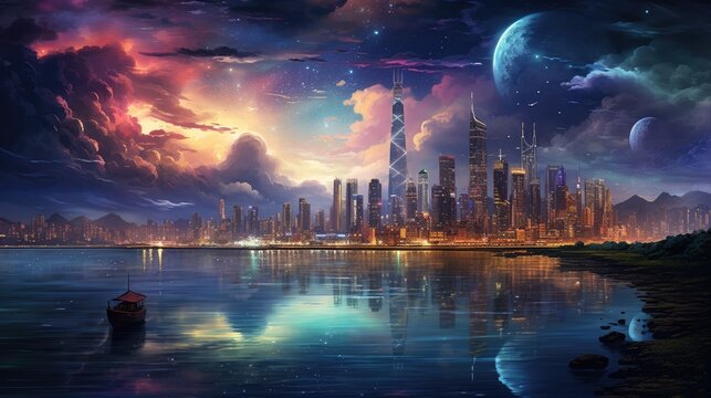 Breathtaking Futuristic Cityscape with Glowing Skyscrapers and Vibrant Night Lights Reflecting on the Tranquil Waters