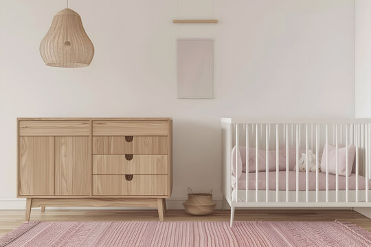 Interior of children's room with a wooden crib. 3d render