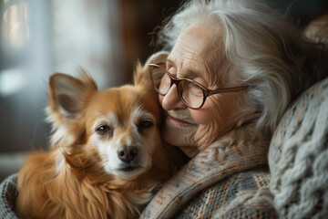 Seniors at home are happy with their favorite pets, love, and human companionship, interaction between animal and senior, animal assisted therapy