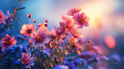 Beautiful blooming pink flowers at dawn in the spring morning - Powered by Adobe