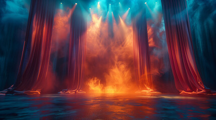 A beautifully lit stage with curtains gracefully cascading down.