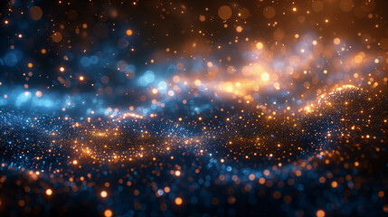 Universal and galaxy with lights. blue, gold and black in the air. de focused. banner.