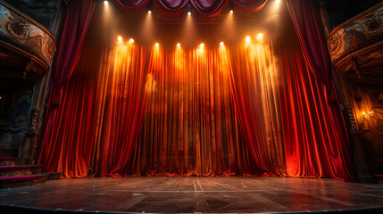 A beautifully lit stage with red curtains gracefully cascading down.