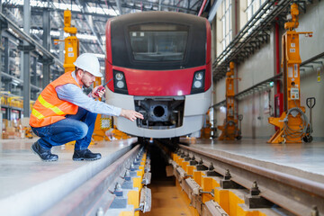 Electrical engineer railway in the maintenance station checking process of sky electric train,...