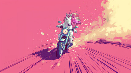 Pink illustration of a unicorn on a motorbike, minimal concept