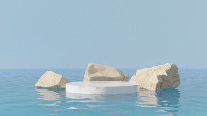 White marble cylindrical podium with stones on the water. Mockup for organic cosmetic product presentation, 3d render