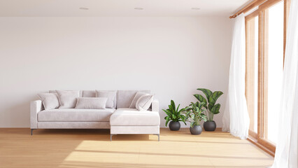 Moderm style empty white wall living room decorated with white sofa and green plants in the pots, 3d render 