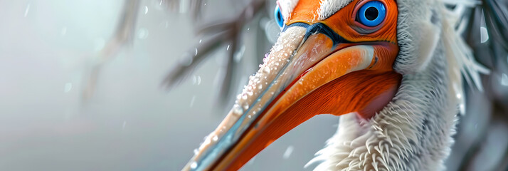 a close up of a bird with a long beak and a large beak with a large orange beak and large blue eyes.
