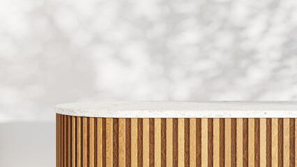 Minimal style luxury podium with wooden slats and white marble top on white wall with tree shadow background for product presentation 3d render illustration