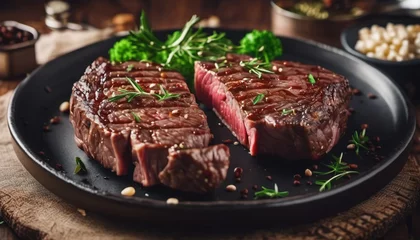 Fototapete Rund Medium beef steak with herbs on black plate, ai © Jola