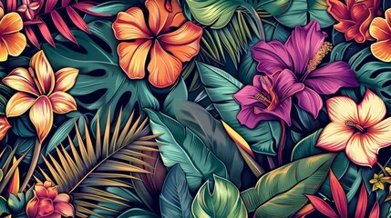 Tropical Exotic Landscape Wallpaper. Hand Drawn Design. Luxury Wall Mural