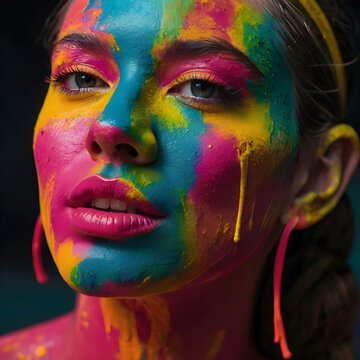 A woman with paint on her face. Vibrant bright colors.