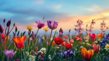 Beautiful blooming wildflowers at dawn in the spring morning