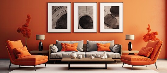 Vibrantly colored living room showcasing orange walls and furniture, creating a warm and energetic...