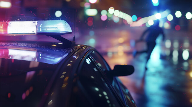 Police car with strobe lights and thief running on the street