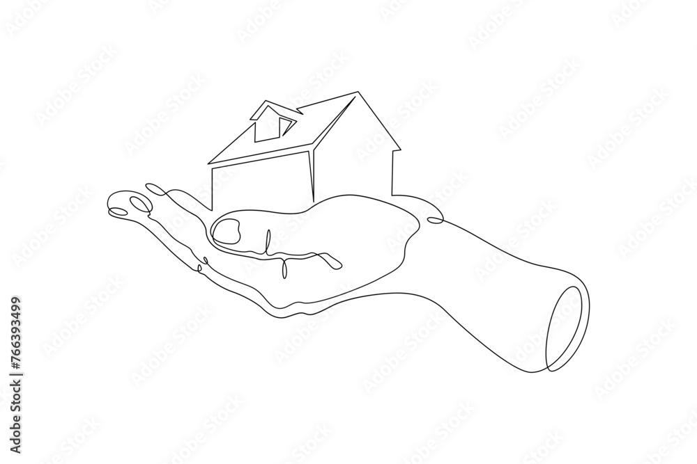 Poster one continuous line. residential building in the palm of your hand. private residential building. op