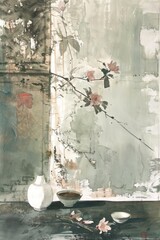 Classic Chinese aesthetic painting with rough texture featuring architectural art, gardens, and traditional culture