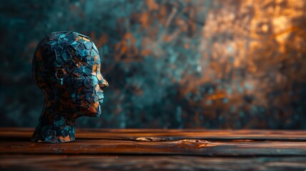 Abstract mosaic sculpture of a human head on a wooden surface with a blurred artistic background, concept of complexity and diversity of the mind - obrazy, fototapety, plakaty