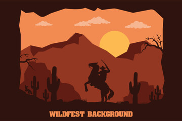 landscape silhouette of cowboy riding at horse background template simple concept vintage design