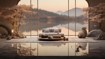 Tranquil Minimalist Lakeside Haven with Majestic Mountain Backdrop