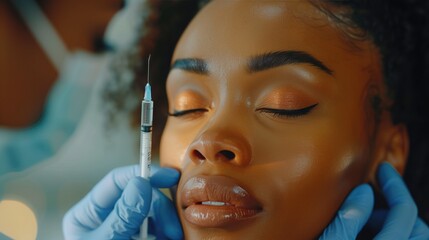 black woman with facial treatment in aesthetic clinic, receives a botox injection above her face
