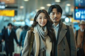 full length photo. In a busy airport terminal, asian couple in a stylish suits with luggages stands out from the throngs of travelers - obrazy, fototapety, plakaty