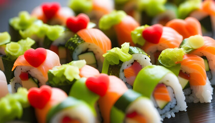 A heart-shaped sushi roll with various fillings and toppings - Powered by Adobe