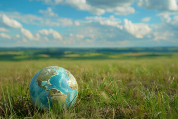 Obraz na płótnie Canvas Earth Day - Environment - globe on a field with green grass and blurred background. With space for text