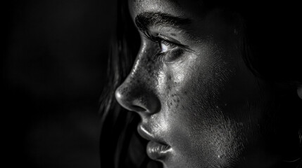 Black and white close-up of a person lost in thought, showcasing detailed facial features