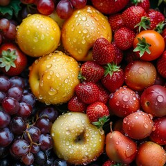 Close up of fruits. Berries with dew drops on them, strawberries, currants, blackberries, blueberries, apples, Grapes, raspberries..