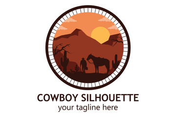 logo landscape silhouette of cowboy riding at horse template simple concept vintage design