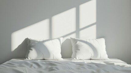 Fototapeta na wymiar simple white bedroom wall, front view, early morning light, two pillow