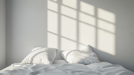 simple white bedroom wall, front view, early morning light, two pillow