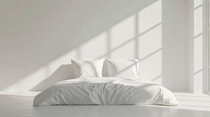 From a front view, early morning light illuminates a simple white bedroom wall, featuring two pillows.
