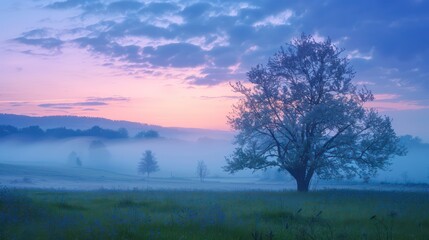 Serene blue hour landscape photography captured during the tranquil morning of a spring day
