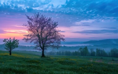 Serene blue hour landscape photography captured during the tranquil morning of a spring day