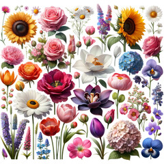 Watercolor of A colorful bouquet of flowers with a variety of different types, including roses, Clipart, Flower, isolated on a transparent background