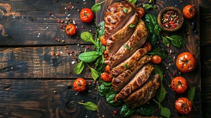 Veal meat roasted with tomatoes and spinach on a wooden background.