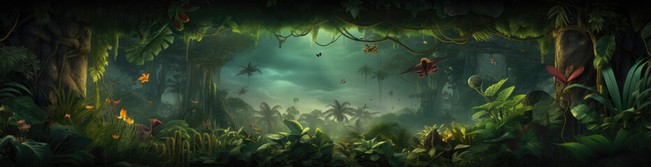 misty forest digital banner background - obrazy, fototapety, plakaty