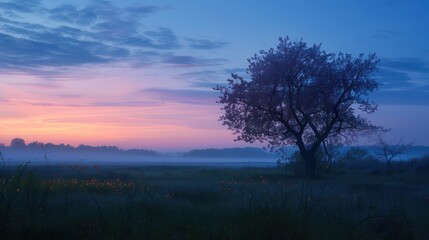 Obraz premium Serene blue hour landscape photography captured during the tranquil morning of a spring day