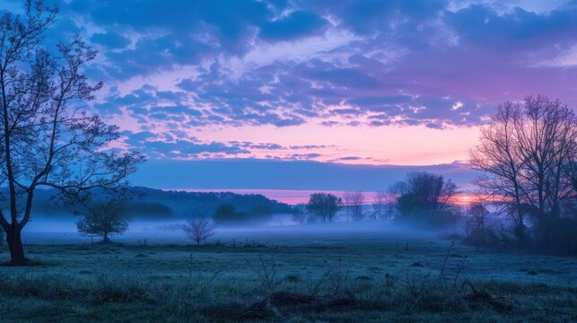 Serene blue hour landscape photography captured during the tranquil morning of a spring day