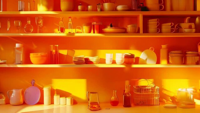 shelves with different household items in orange interior.