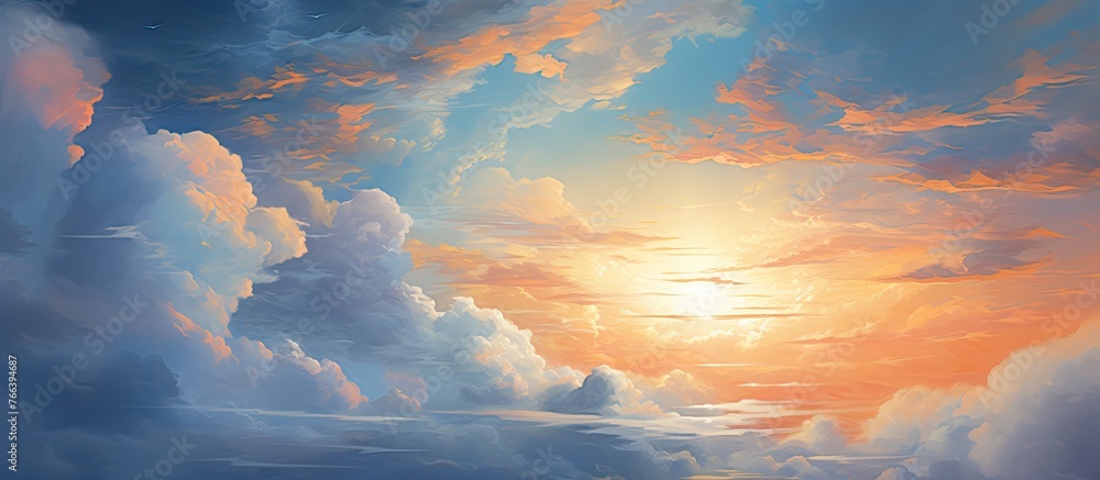 Poster the suns rays are piercing through the fluffy cumulus clouds in the azure sky, creating a beautiful 