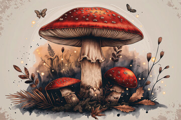 Fly Agaric (Amanita muscaria) in illustration style on white background