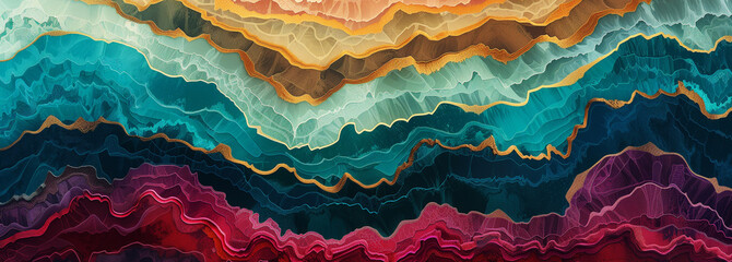 abstract landscape with flowing forms and waves, rich in colors of turquoise, amber, and terracotta, evoking a sense of fluid motion and organic shapes. - obrazy, fototapety, plakaty