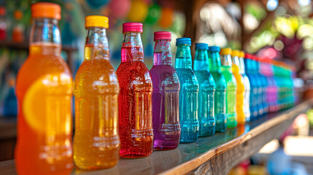Colorful bottles of cold refreshing summer drinks lined up on a wooden bar with a bokeh background, ideal for parties and celebrations