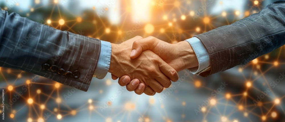 Aufkleber business handshake with global world map network link connection and stock market graph diagram, dig