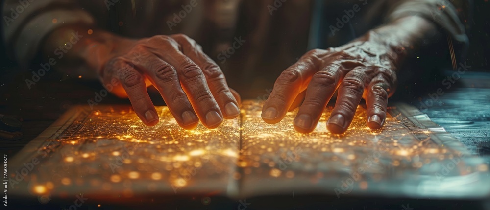 Poster digital tablet is pressed with the hand.